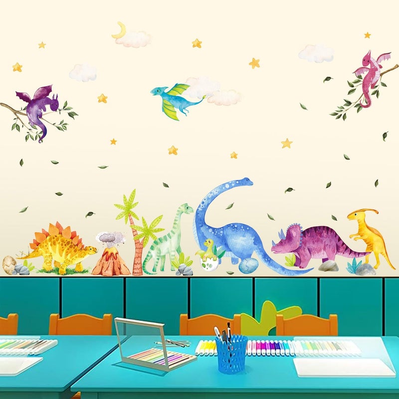 Kasubeso Watercolor Dinosaur Wall Decals, Cartoon Cute Dino Volcanic Wall Stickers, Peel and Stick Star Cloud Wallpaper for Baby Nursery Boys Bedroom Playroom Wall Decor - Image 5